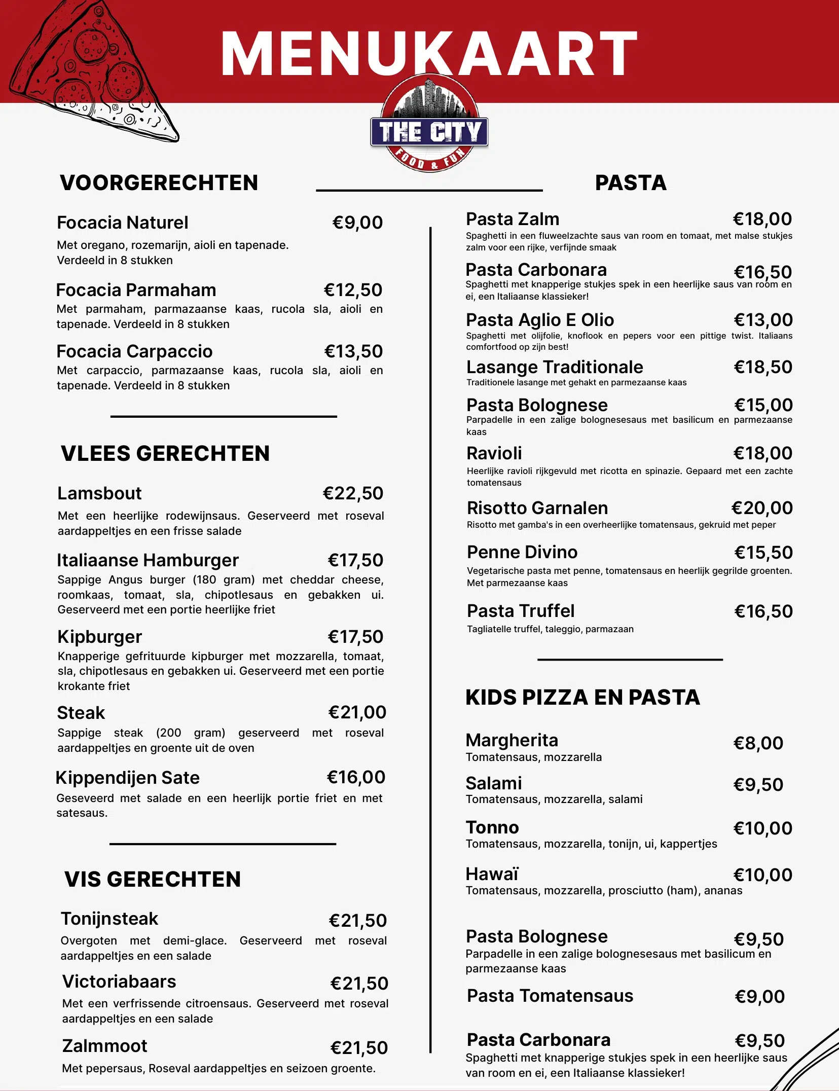 Menukaart Italiaans restaurant The City pagina 1